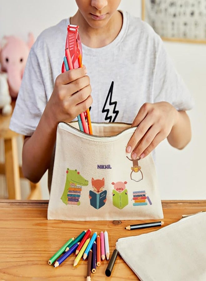 Zooboo Catch All Pouch Personalized with Kid's Names, 100% Cotton with Zipper, Pencil Pouch for Boys and Girls, School Supply Stationery Box Organizer for Students Animal Library - Image 2